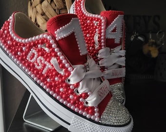 DST Custom Red and white pearl and rhinestone bling Converse