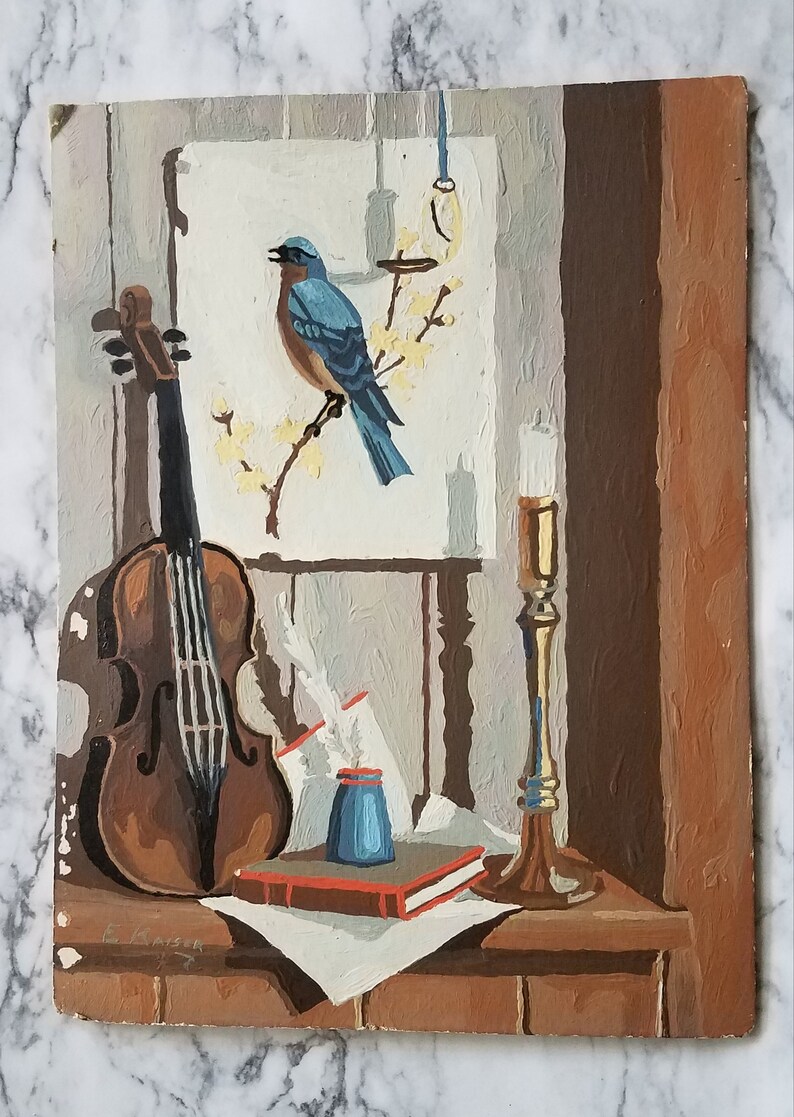Vintage completed paint by number bird and violin vignette scene.