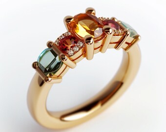 Designer multicolored 18K gold ring with gemstones citrine sapphire garnet tourmaline topaz diamonds goldsmith bespoke fine jewelry