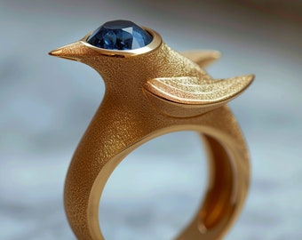 Designer 18K gold bird ring with blue sapphire bird earrings penguin sculptural jewelry luxury jewelry goldsmith bespoke jewelry