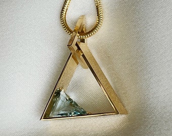 18K Gold triangle pendant with gemstone Contemporary unique designer handcrafted gold pendant necklace goldsmith custom jewelry