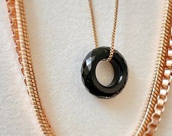 Black Onyx circle pendant 11 mm Onyx faceted donut Handmade minimal tiny pendant ring onyx hoop Onyx Pendant necklace Custom gemstone