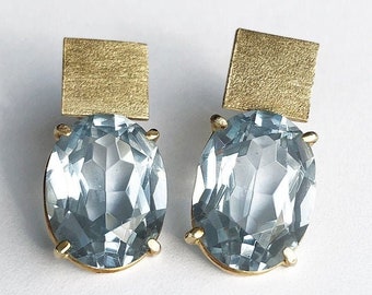 Big Topaz gold stud earrings sky blue topaz 16x12 mm 10 ct topaz stud earrings 2 cm oval earrings 14K yellow gold Custom jewelry
