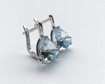 White Gold Topaz Earrings 10x10 mm Sky Blue Topaz 14K 18K Gold Triangle earrings Trillion earrings Drop Dangle earrings Gold earrings Custom