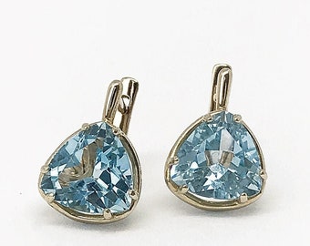 Triangle Topaz Earrings 4 ct 10x10 mm 14K 18K Gold Sky Blue Topaz Trillion earrings Drop Dangle earrings Gemstone earrings Custom earrings