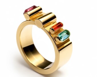 Designer capsule 18K gold multicolored gold ring with gemstones ruby topaz sapphire spinel luxury ring goldsmith bespoke fine jewelry