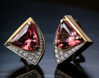 Designer 18k gold earrings with pink spinel tourmaline diamonds any gems luxury triangle earrings goldsmith bespoke fine high jewelry