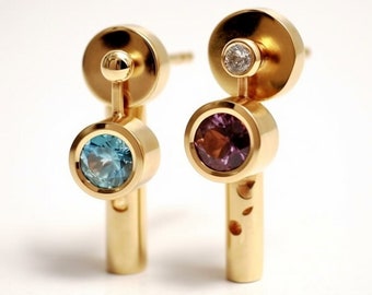 Designer 18K gold multicolored round gold earrings with gemstones topaz amethyst spinel ruby goldsmith bespoke handmade fine jewelry