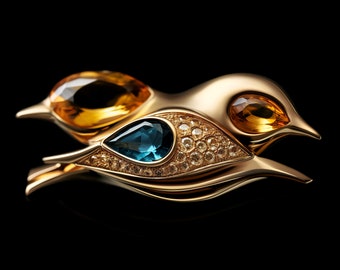 Designer 18K gold birds brooch with yellow citrine blue topaz gemstone luxury brooch goldsmith custom fine jewelry high jewelry
