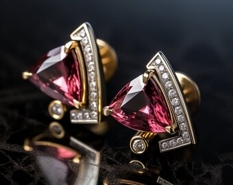 Designer triangle 18K gold gold earrings with pink gemstone spinel tourmaline diamonds luxury studs goldsmith bespoke handmade fine jewelry