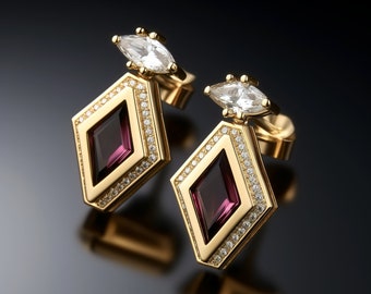 Designer 18K gold earrings rhombus emerald cut stud earrings with purple red gemstone art deco luxury jewelry goldsmith bespoke jewelry