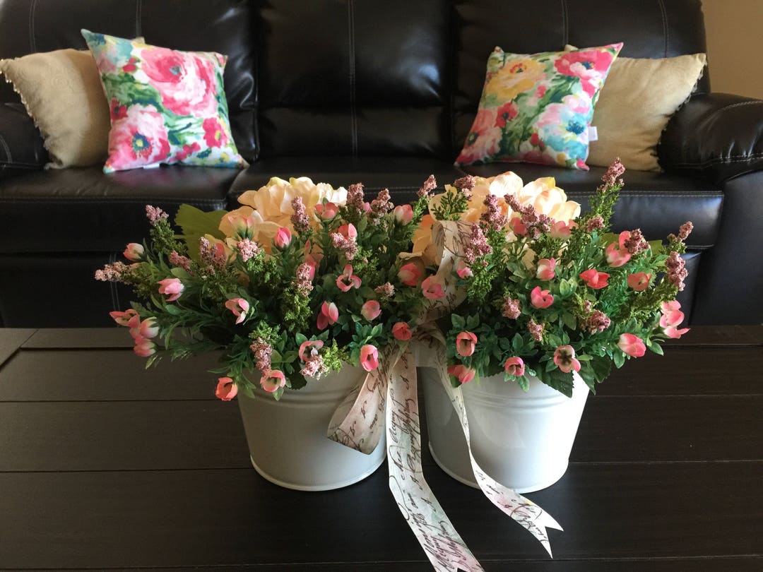 Potted Peach Hydrangea Pink Rose Blooms Wood Handle Floral Arrangement ...