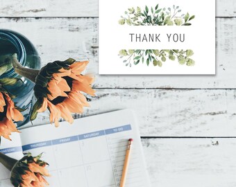 Thank you card. 4x6in printable file. digital download. Greenery Leaves