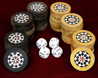 Handgefertigte Holz Backgammon Mosaik Steine in Samtbeutel,33 mm of 26 mm,of 20 mm