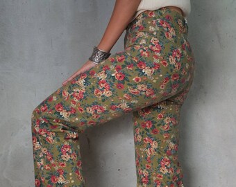Vintage Floral Wide Leg Pants - Olive Green Bohemian Trousers