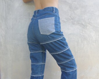 Vintage Patchwork Jeans: High Waist Retro Denim, W24 W25
