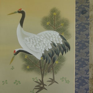 Vintage Japanese Crane & Turtle Silk Hanging Scroll: Asian Wall Art