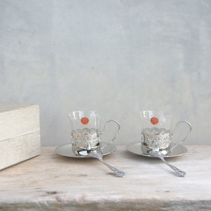 Vintage Japanese Silver Tea Cup Set: Glass Teacups with Spoons & Box