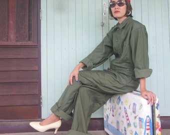Vintage Green Cotton Overalls: Army Workwear Jumpsuit, Made in USA