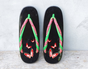 butterfly,Zori sandals,Geta,Shoes,zori,Geta wood,sandals,wafuku footwear,vintage Japanese Geta,sandal,Black,Red,Green,New old stock