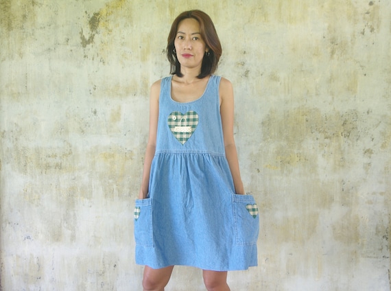 Vintage 80s Denim Mini Dress: Sleeveless Blue Jean Dress, Size S