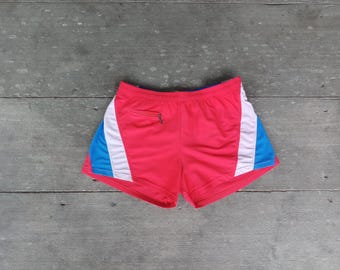 Pantalones cortos deportivos vintage: mezcla de nailon rojo, azul y blanco (W28-W34)