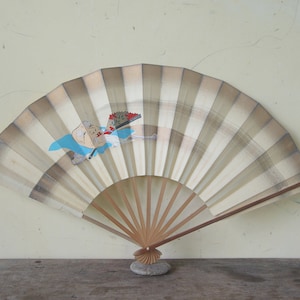 Antique ,Vintage Hand fan,fan paper ,Noh Okina Mask painting , Japanese Sensu,Folding Fan,Kimono Accessories,Decor,vintage fan japan