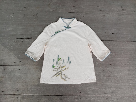 Vintage Hand-Painted Japanese Shirt: Silk Cotton Top, Size S
