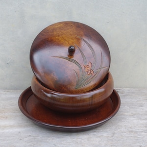 vintage wooden Bowl with lid with tray,Hand Carved Bowls,Wooden Salad Bowl,wooden Bowl,Serving Bowls,Kitchen Decor,wood japan