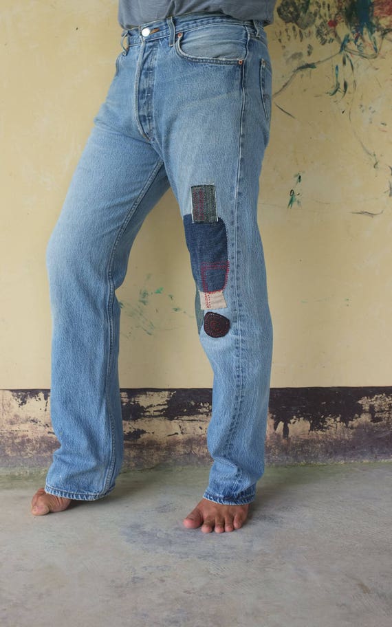 Faded vintage levis 501 Blue Jeans patchwork Deco