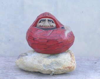 Red Japanese Daruma Doll: Hand-Carved Lucky Wood Zen Decor (4.8 inch)