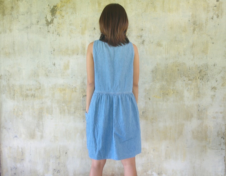 faded jeans, Vintage 80s 90s denim dress size S ,mini jeans dress,Blue dress, Sleeveless dress,Boho dress,made in usa image 3