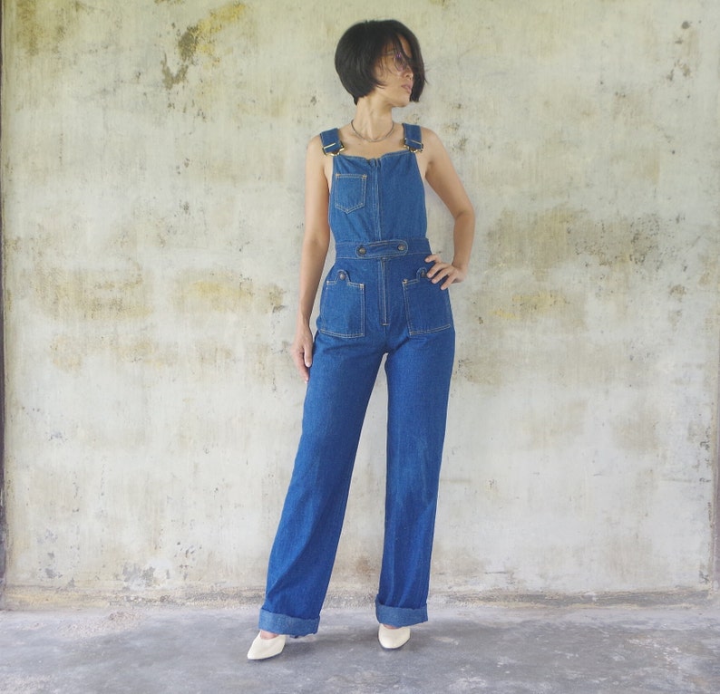 Rare ,Beautiful ,Vintage 60s70s Zipper front SOB Shades of Blue Overalls W24 W25 W26 ,scovil zipper ,Overalls Bib,cool,hipster,sexsy , USA image 1