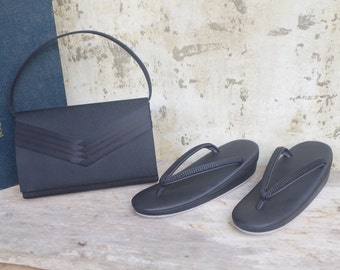Vintage Kimono Zori Sandals & Bag Set: Black Silk Wafuku Footwear