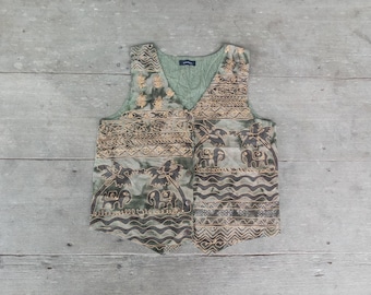 Embroidered Cotton India Vest: Green Brown Boho Hippie Size M-L