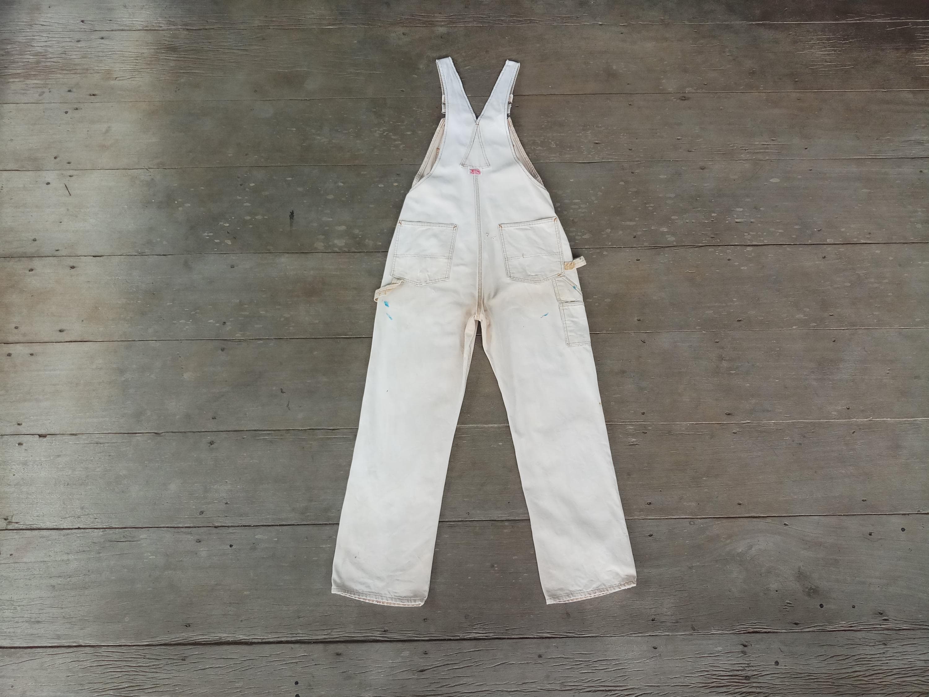 古着　vintage ROUNDHOUSE アイボリーオーバーオール　40×32 Vintage 60s Round House Overalls W35 L31 ,canvas Double Knee ,USA