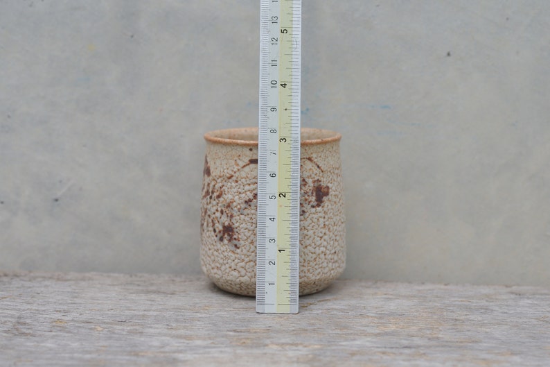 Puede incluir: Una taza peque&ntilde;a de cer&aacute;mica blanca con un esmalte moteado marr&oacute;n y un dise&ntilde;o floral marr&oacute;n. La taza mide aproximadamente 10 cm de alto.