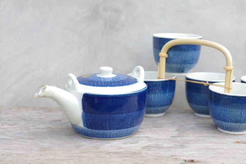 tea set with teapot,tea set vintage,ceramic cup,cup blue and white,tea,New old stock,whit box,cup blue,teapot,teapot blue,cup 5 pcs,tea set image 2