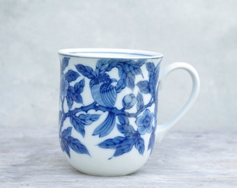 Ceramics Pottery cup,Birds sticking branches flowers,Tachikichi,Mug,Ceramics Mug,matcha cup tea,cup blue white,Japan Ceramics,New old stock