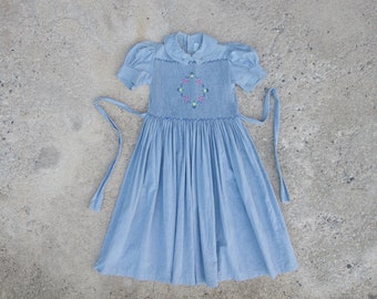 Rare, Beautiful,Vintage 70s 80s chambray dress  size 130T 140T ,Babydoll dress ,chambray fabric,Puffy Sleeves,vintage Barbie dress