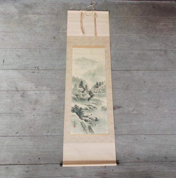 ヴィンテージの日本の風景画巻物：釣りをする男性、水墨画 - Etsy 日本