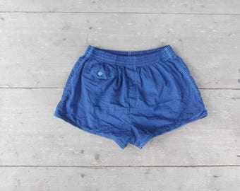 Pantalones cortos deportivos azules vintage de Robert Buck: pantalones cortos de gimnasio retro, hechos en Inglaterra (W26-W30)