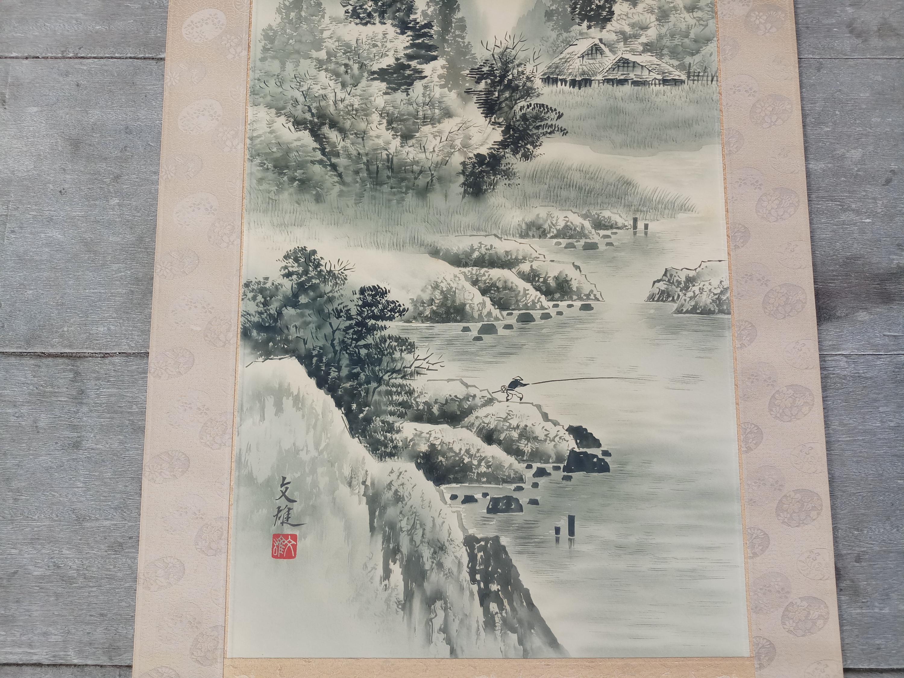ヴィンテージの日本の風景画巻物：釣りをする男性、水墨画 - Etsy 日本