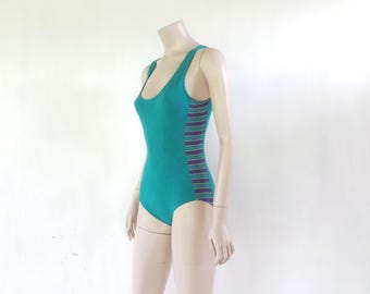 Vintage 80s Softouch Green Bodysuit: Retro Leotard, Made in USA, Size M