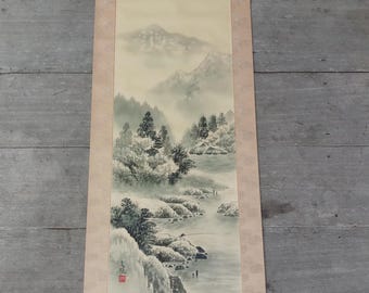 アンティークの日本の掛け軸、風景画、滝、山の絵、日本の掛け軸、水墨