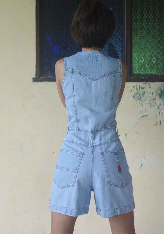 Vintage 80s Button Fly Jumpsuit Size M W29 Blue Jeans Romper