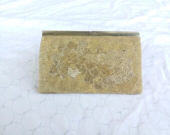 Vintage 70s 80s Beaded Evening Bag: Floral Clutch,Gold deluxe