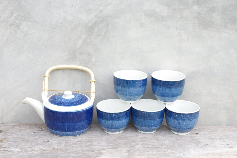 tea set with teapot,tea set vintage,ceramic cup,cup blue and white,tea,New old stock,whit box,cup blue,teapot,teapot blue,cup 5 pcs,tea set image 1