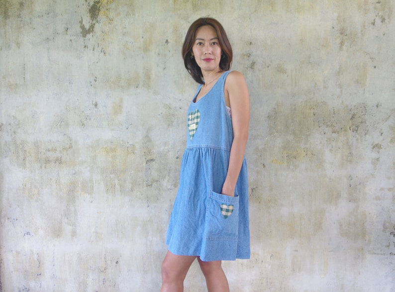 faded jeans, Vintage 80s 90s denim dress size S ,mini jeans dress,Blue dress, Sleeveless dress,Boho dress,made in usa image 2