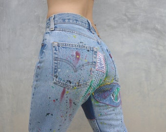 vintage levis 501usa,Blue Jeans W24,25 for women jeans painted and Embroidery,jeans Patchwork,Vintage Jeans,levis XS,paint jeans